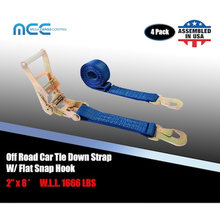 Tie 4 Safe 2" x 8' Ratchet Tie Down Strap w/ Flat Snap Hook Car Auto Hauler Tow Truck Blue, 4PK RT48-8-BU-C-4